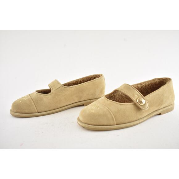 Chanel 25B Beige Suede Shearling Fur Mary Jane Moccasin Ballet Loafer Flat 41 - Picture 15 of 16